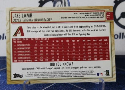 2019 TOPPS BIG LEAGUE BASEBALL JAKE LAMB # 187 GOLD ARIZONA DIAMONDBACKS