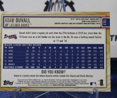 2019 TOPPS BIG LEAGUE BASEBALL ADAM DUVALL # 167 ATLANTA BRAVES