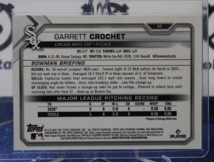 2021 BOWMAN CHROME GARRETT CROCHET # 63 BLUE 038/150 CHICAGO WHITE SOX BASEBALL