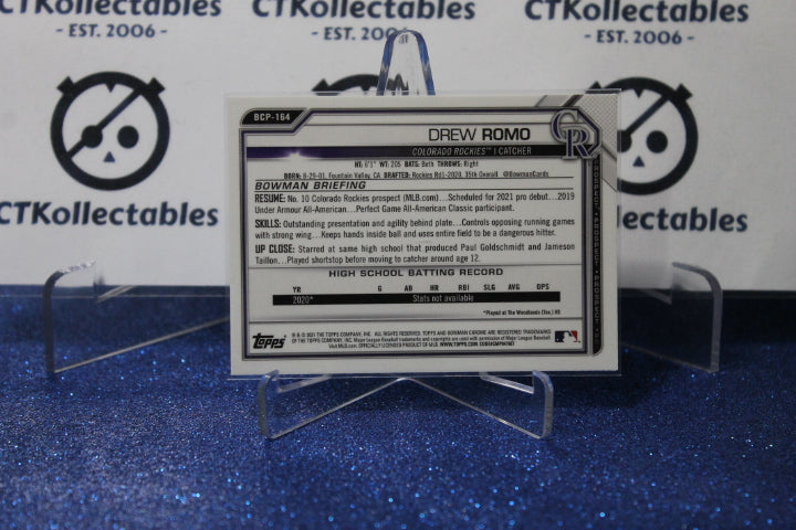 2020 BOWMAN CHROME PROSPECTS DREW ROMO # BCP-164 COLORADO ROCKIES BASEBALL