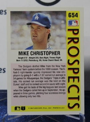 1992 FLEER PROSPECTS MIKE CHRISTOPHER # 654 LOS ANGELES DODGERS BASEBALL