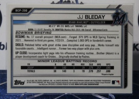 2021 BOWMAN CHROME PROSPECTS JJ BLEDAY # BCP-200 MIAMI MARLINS BASEBALL