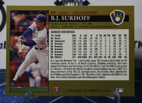 1992 LEAF BLACK/GOLD B.J. SURHOFF # 212 MILWAUKEE BREWERS BASEBALL CARD