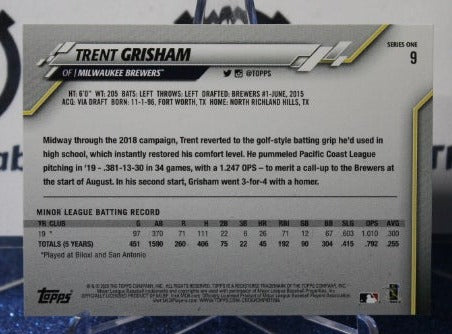 2020 TOPPS TRENT GRISHAM # 9 ROOKIE MILWAUKEE BREWERS BASEBALL CARD