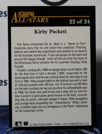 1992 FLEER  KIRBY PUCKETT # 22 ALL STARS MINNESOTA TWINS BASEBALL