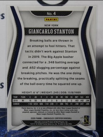 2020 PANINI CHRONICLES CERTIFIED FOIL GIANCARLO STANTON # 4 NEW YORK YANKEES BASEBALL