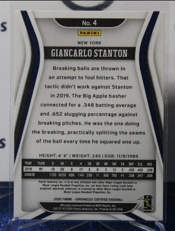 2020 PANINI CHRONICLES CERTIFIED GREEN FOIL GIANCARLO STANTON # 4 NEW YORK YANKEES BASEBALL