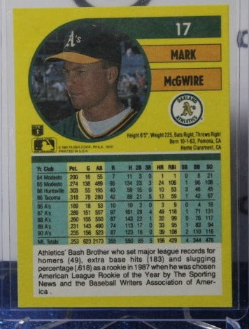 1991 FLEER BASEBALL MARK McGWIRE # 17 OAKLAND ATHLETICS