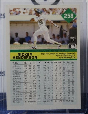 1992 FLEER RICKEY HENDERSON # 258 OAKLAND ATHLETICS BASEBALL CARD