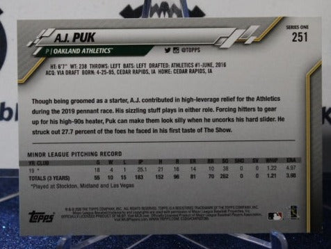 2020 TOPPS A.J. PUK # 251 ROOKIE OAKLAND ATHLETICS BASEBALL CARD