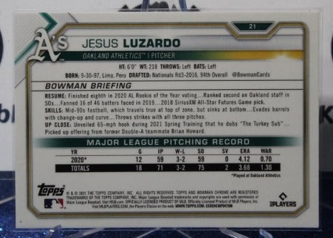 2021 BOWMAN CHROME JESUS LUZARDO # 21 ROOKIE OAKLAND ATHLETICS BASEBALL CARD