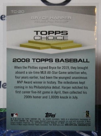 2020 TOPPS CHOICE BRYCE HARPER # TC-20 Philadelphia Phillies BASEBALL CARD