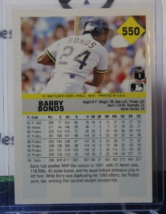 1992 FLEER  BARRY BONDS # 550 PITTSBURGH PIRATES BASEBALL CARD