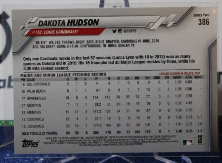 2020 TOPPS DAKOTA HUDSON # 386 FUTURE STARS ST. LOUIS CARDINALS CARD