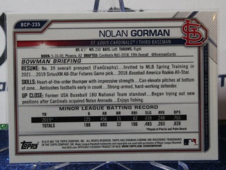 2021 BOWMAN CHROME PROSPECTS NOLAN GORMAN # BCP-235 ST. LOUIS CARDINALS CARD