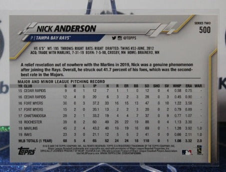 2020 TOPPS NICK ANDERSON # 500 ALL STAR ROOKIE TAMPA BAY RAYS CARD
