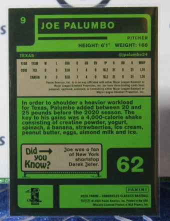 2020 PANINI CHRONICLES CLASSICS JOE PALUMBO # 9 ROOKIE TEXAS RANGERS BASEBALL CARD