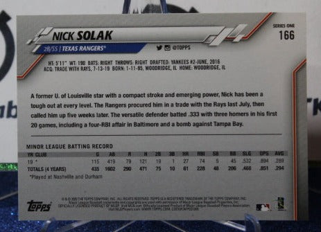 2020 TOPPS NICK SOLAK #166 ROOKIE TEXAS RANGERS BASEBALL CARD