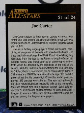1992 FLEER ALL-STARS JOE CARTER # 21 TORONTO BLUE JAYS BASEBALL
