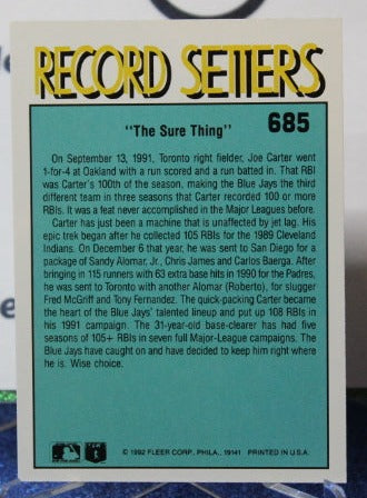 1992 FLEER RECORD SETTERS JOE CARTER # 685 TORONTO BLUE JAYS BASEBALL