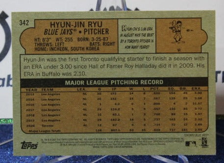 2021 TOPPS HYUN-JIN RYU #342 TORONTO BLUE JAYS BASEBALL