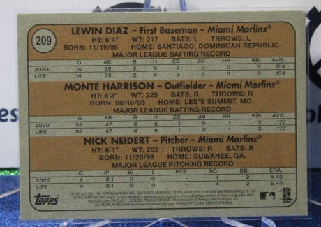 2021 TOPPS HERITAGE LEWIN DIAZ MONTE HARRISON NICK NEIDERT # 209 MIAMI MARLINS BASEBALL