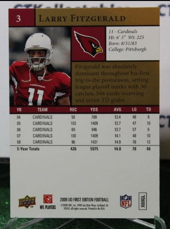 2009 UPPER DECK LARRY FITZGERALD # 3 GOLD NFL CARDINALS GRIDIRON CARD