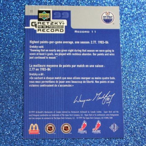 1999 WAYNE GRETZKY # 11 McDONALD'S PERFORMANCE RECORD FOIL UPPER DECK OILERS NHL