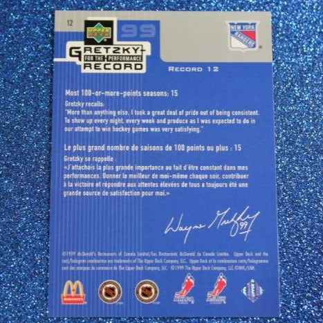 1999 WAYNE GRETZKY # 12 McDONALD'S PERFORMANCE RECORD FOIL UPPER DECK RANGER NHL