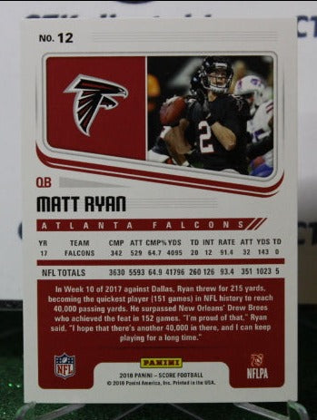 2018 PANINI SCORE MATT RYAN # 12 NFL FALCONS GRIDIRON CARD