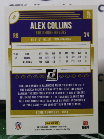 2018 PANINI DONRUSS ALEX COLLINS # 22 NFL RAVENS GRIDIRON CARD