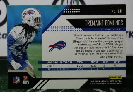 2018 PANINI UNPARALLELED TREMAINE EDMUNDS # 241 ROOKIE NFL BUFFALO BILLS GRIDIRON CARD