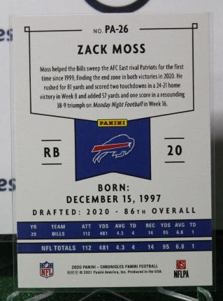 2020 PANINI CHRONICLES ZACK MOSS # PA-26 ROOKIE NFL BUFFALO BILLS GRIDIRON CARD