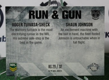 2016 NRL ELITE ROGER TUIVASA-SHECK & SHAUN JOHNSON # RG 29/32 RUN & GUN NEW ZEALAND WARRIORS