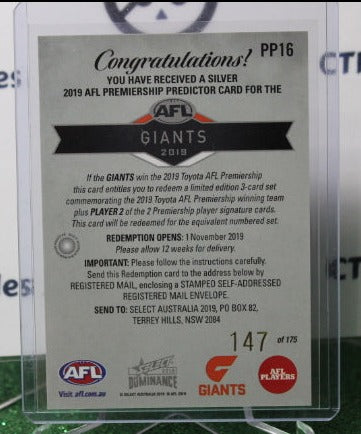 2019 SELECT AFL DOMINANCE PREMIERSHIP PREDICTOR # PP16 GWS GIANTS 147/175