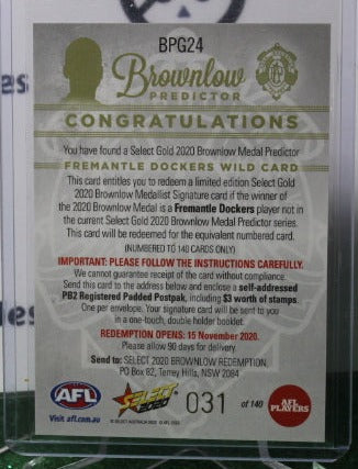 2020 SELECT AFL BROWNLOW PREDICTOR # BPG24 WILD CARD GOLD FREMANTLE DOCKERS 031/140