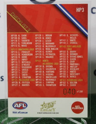 2018 SELECT AFL LEGACY CHECKLIST 3 # HP3 CHECKLIST 040/350