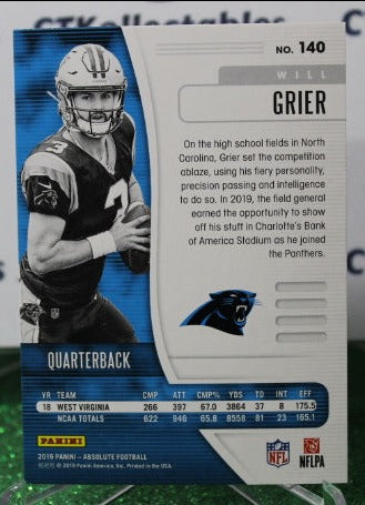 2019 PANINI ABSOLUTE WILL GRIER # 140 ROOKIE NFL CAROLINA PANTHERS GRIDIRON CARD