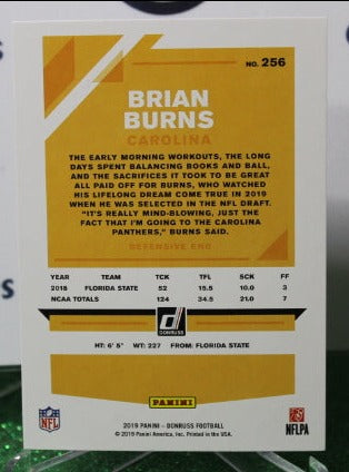 2019 PANINI DONRUSS BRIAN BURNS # 256 ROOKIE NFL CAROLINA PANTHERS GRIDIRON CARD