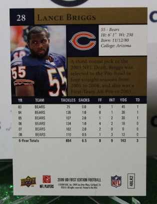 2009 UPPER DECK LANCE BRIGGS # 28 GOLD NFL CHICAGO BEARS GRIDIRON CARD