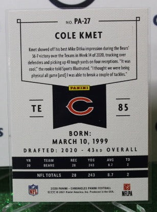 2020 PANINI CHRONICLES COLE KMET # PA-27 ROOKIE NFL CHICAGO BEARS GRIDIRON CARD
