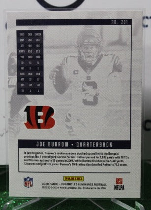 2020 PANINI CHRONICLES LUMINANCE JOE BURROW # 201 ROOKIE NFL CINCINNATI BENGALS GRIDIRON CARD