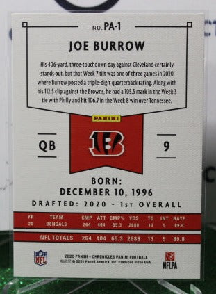 2020 PANINI CHRONICLES JOE BURROW # PA-1 ROOKIE BRONZE NFL CINCINNATI BENGALS GRIDIRON CARD