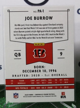 2020 PANINI CHRONICLES JOE BURROW # PA-1 ROOKIE SILVER NFL CINCINNATI BENGALS GRIDIRON CARD