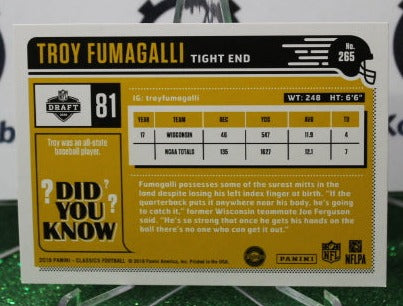 2018 PANINI CLASSICS TROY FUMAGALLI # 265 ROOKIE NFL DENVER BRONCOS GRIDIRON CARD