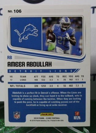 2018 PANINI SCORE AMEER ABDULLAH # 106 NFL DETROIT LIONS GRIDIRON CARD