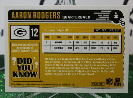 2018 PANINI CLASSICS AARON RODGERS # 36 NFL GREEN BAY PACKERS GRIDIRON CARD