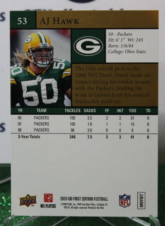 2009 UPPER DECK AJ HAWK # 53 GOLD NFL GREEN BAY PACKERS GRIDIRON CARD