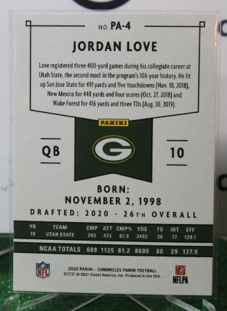 2020 PANINI CHRONICLES JORDAN LOVE # PA-4 ROOKIE NFL GREEN BAY PACKERS GRIDIRON CARD