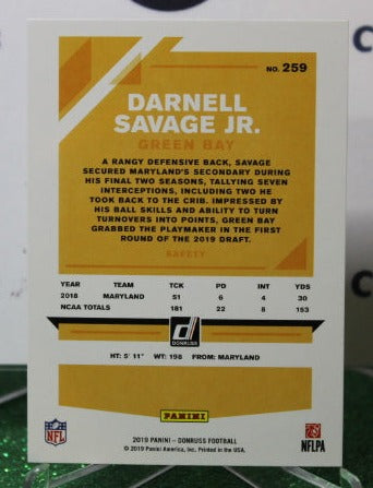 2019 PANINI DONRUSS DARNELL SAVAGE JR. # 259 ROOKIE NFL GREEN BAY PACKERS GRIDIRON CARD